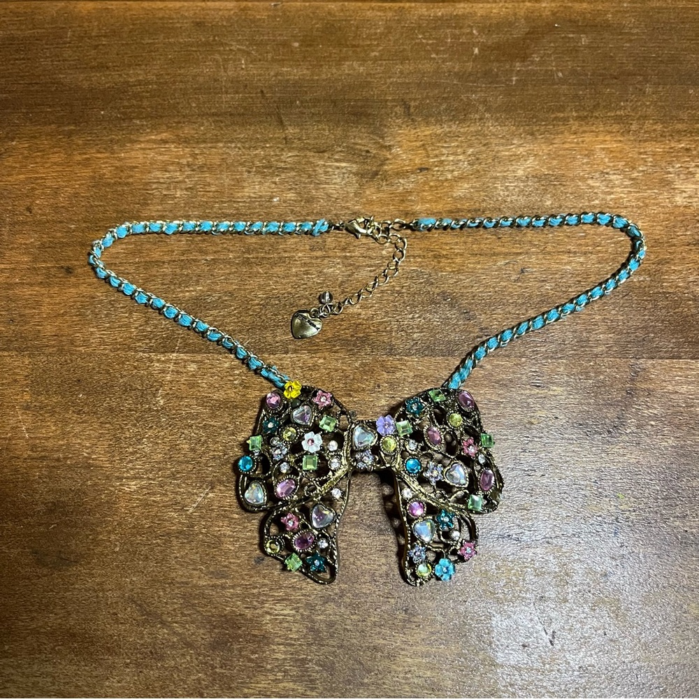 Betsey Johnson Multicolored Rhinestone Embellished Bow Necklace